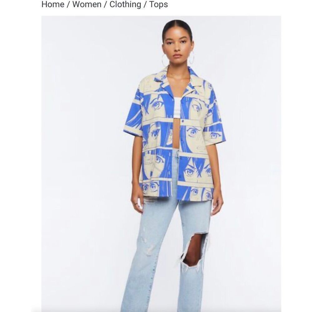 Forever 21 Anime Face Print Button Shirt Blue Cotton Medium